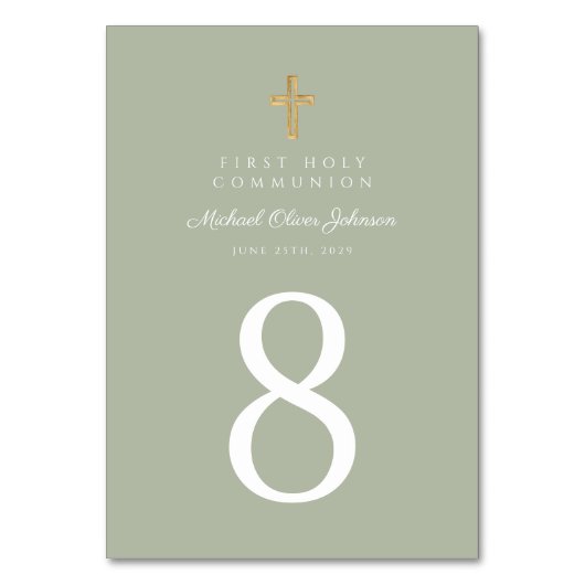 Elegant Sage Green Cross Boy Erste Kommune Tischnummer (Vorderseite)