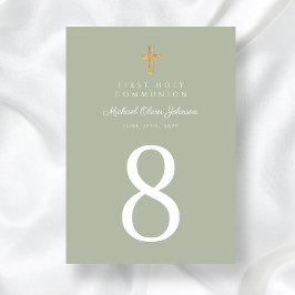 Elegant Sage Green Cross Boy Erste Kommune Tischnummer