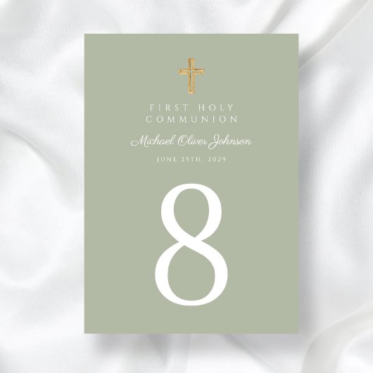 Elegant Sage Green Cross Boy Erste Kommune Tischnummer
