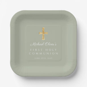 Elegant Sage Green Cross Erste Kommune Pappteller