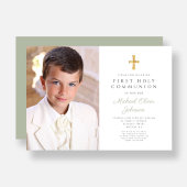 Elegant Sage Green Cross Foto Boy First Communatio Einladung