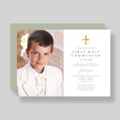 Elegant Sage Green Cross Foto Boy First Communatio Einladung