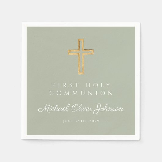 Elegant Sage Green Cross Religious First Communion Serviette (Vorderseite)