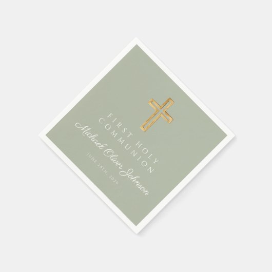 Elegant Sage Green Cross Religious First Communion Serviette (Ecke)