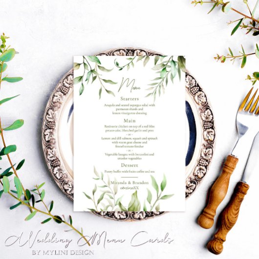 Elegant Sage Green Eucalyptus Foliage Wedding Menükarte