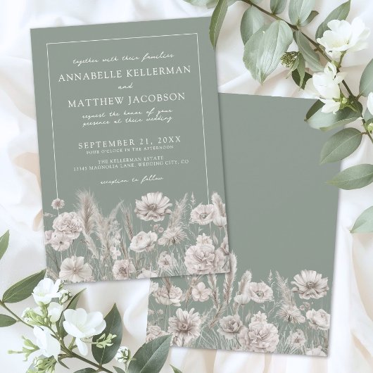 Elegant Sage Green Floral Boho Wedding Einladung