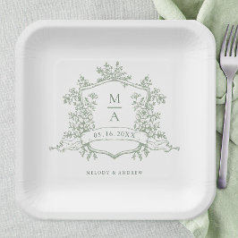 Elegant Sage Green  Floral Crest Monogram Wedding Pappteller