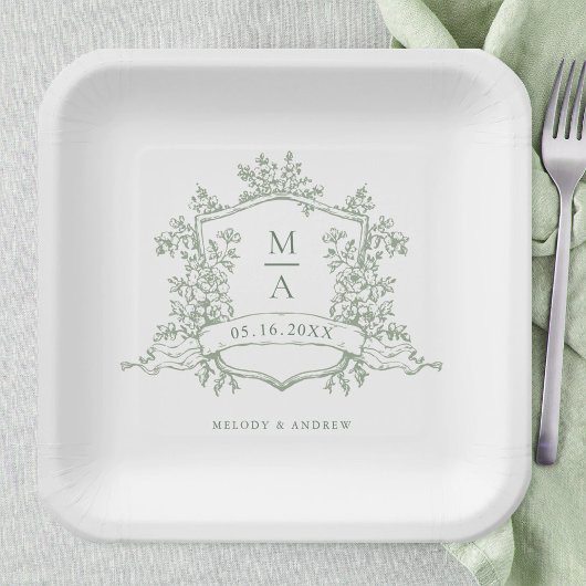 Elegant Sage Green  Floral Crest Monogram Wedding Pappteller