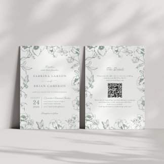 Elegant Sage Green Floral Garden QR Code Wedding Einladung