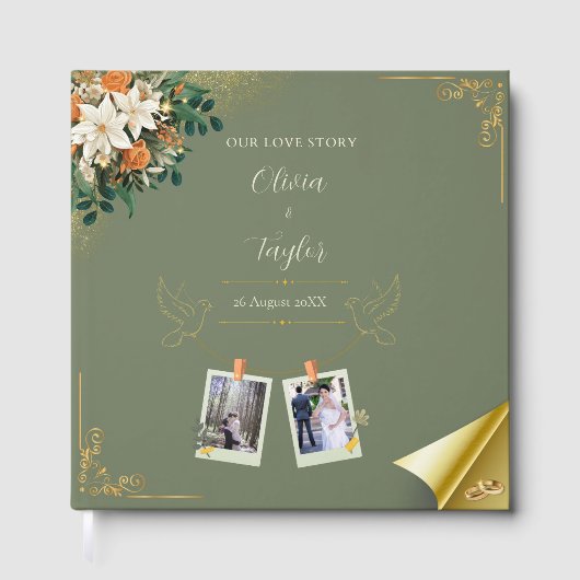 Elegant Sage Green Floral Gold Gästebuch (Vorderseite)