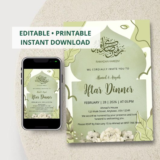 Elegant Sage Green Floral Iftar Dinner Invitation Einladung