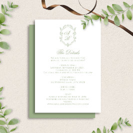 Elegant Sage Green Floral Monogram Crest Wedding Begleitkarte