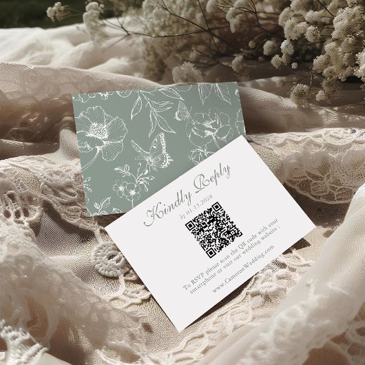 Elegant Sage Green Floral QR Code Wedding RSVP Karte