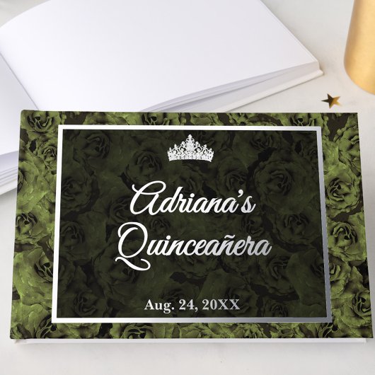 Elegant Sage Green Floral Quinceanera Silver Gästebuch