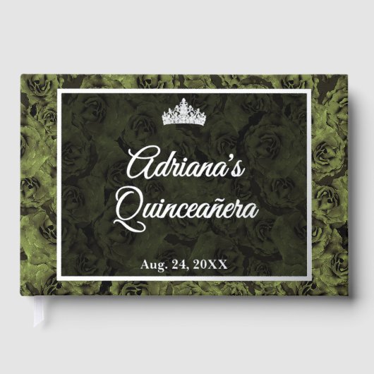 Elegant Sage Green Floral Quinceanera Silver Gästebuch (Vorderseite)