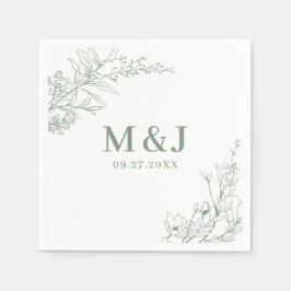 Elegant Sage Green Floral Wreath Monogram Wedding Serviette