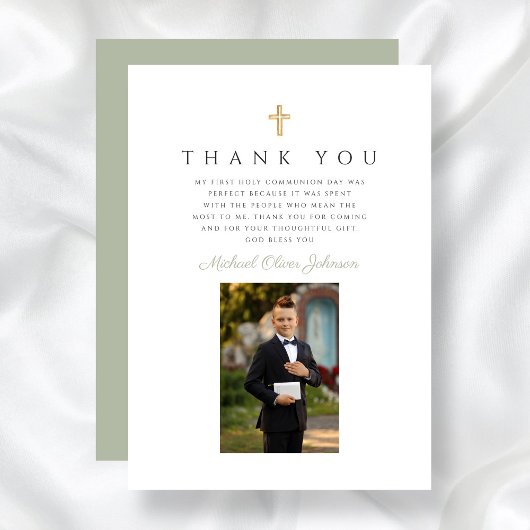 Elegant Sage Green Foto Boy First Communion Dankeskarte