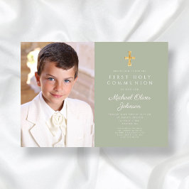 Elegant Sage Green Foto Boy First Communion Einladung