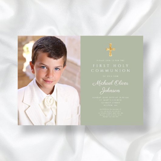 Elegant Sage Green Foto Boy First Communion Einladung