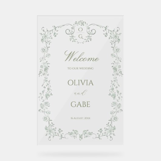 Elegant Sage Green French Floral Wedding Sign Acrylschild (Vorderseite)