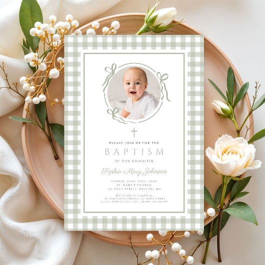 Elegant Sage Green Gingham Bow Photo Girl Baptism Einladung