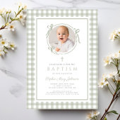 Elegant Sage Green Gingham Bow Photo Girl Baptism Einladung