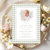 Elegant Sage Green Gingham Bow Photo Girl Baptism Einladung