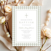 Elegant Sage Green Gingham Girl Baptism Einladung