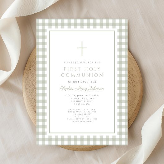 Elegant Sage Green Gingham Girl First Communion Einladung
