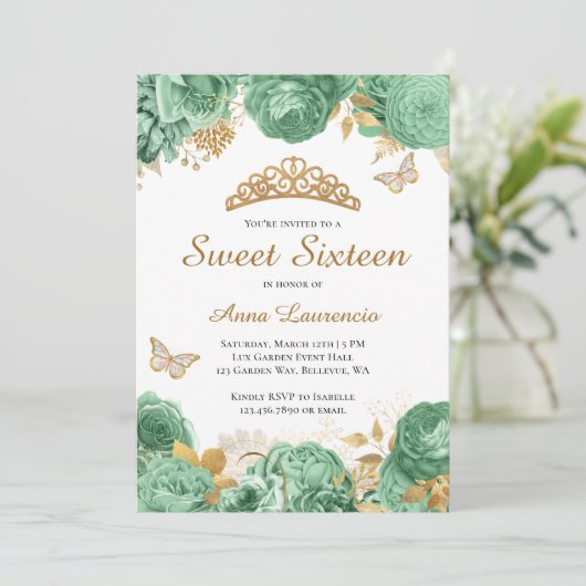 Elegant Sage Green Gold Floral Sweet 16 Sechzehn Einladung (Stehend Vorderseite)