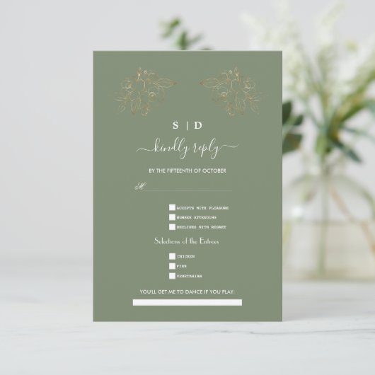 Elegant Sage Green Gold Song Request Wedding  RSVP Karte (Stehend Vorderseite)