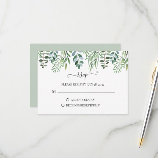 Elegant Sage Green Greenery Eucalyptus Wedding RSV RSVP Karte (Vorderseite/Rückseite Beispiel)