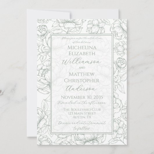Elegant Sage Green Hand-Drawn Floral Wedding  Invi Einladung (Vorderseite)
