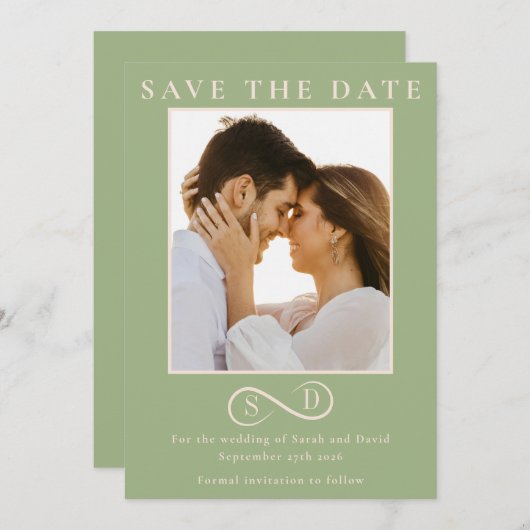 Elegant Sage Green Infinity Monogram Save the Date (Vorne/Hinten)