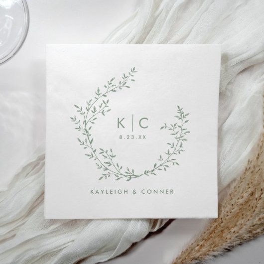 Elegant Sage Green Initials Botanical Wedding Serviette