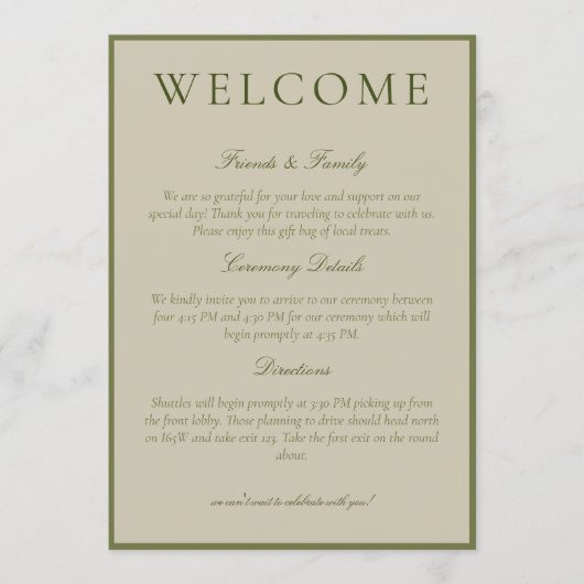 Elegant Sage Green Minimalist Wedding Welcome Programm (Vorderseite)