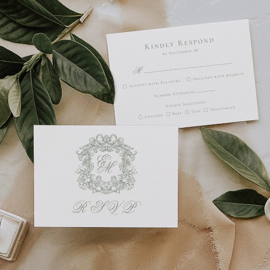 Elegant Sage Green Monogram Crest Meals Wedding RSVP Karte