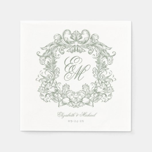 Elegant Sage Green Monogram Crest Script Wedding Serviette (Vorderseite)