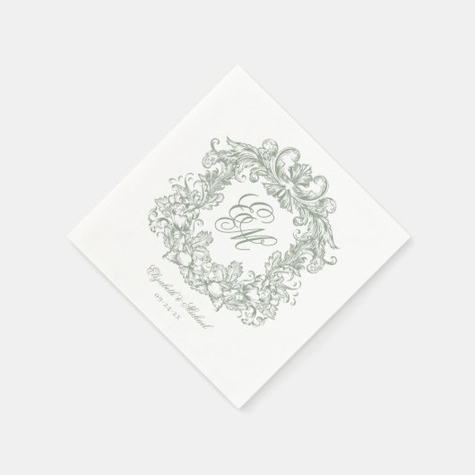 Elegant Sage Green Monogram Crest Script Wedding Serviette (Ecke)