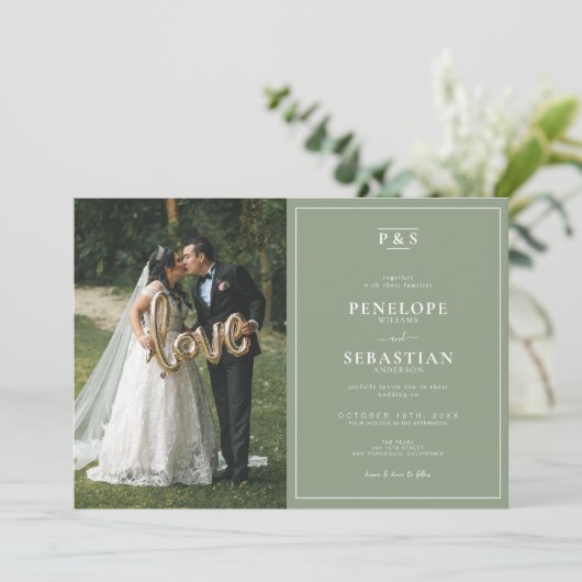 Elegant Sage Green Monogram Formal Photo Wedding Einladung (Stehend Vorderseite)