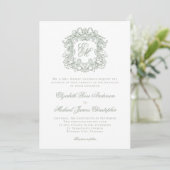 Elegant Sage Green Monogram Wedding Crest Einladung (Stehend Vorderseite)