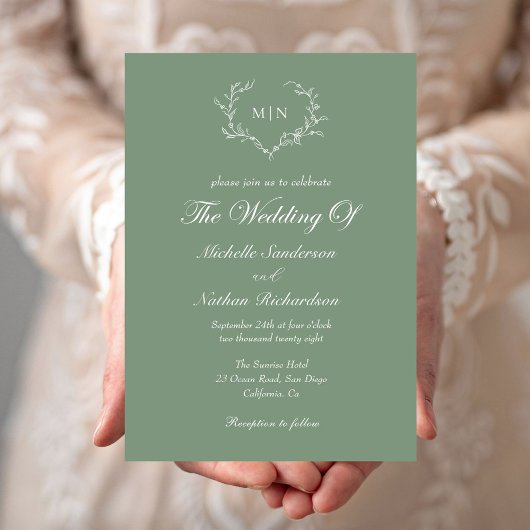 Elegant Sage Green Monogram Wedding Einladung