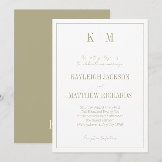 Elegant Sage Green Monogram Wedding  Einladung (Vorne/Hinten)