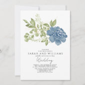 Elegant Sage Green Navy Blue Floral Boho Hochzeit Einladung (Vorderseite)