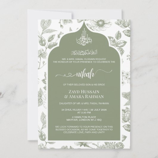 Elegant Sage Green Nikah Einladung | Liniengrafike (Vorderseite)