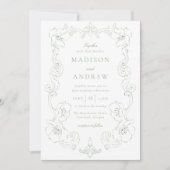 Elegant Sage Green Ornate Floral Frame Wedding Einladung (Vorderseite)