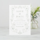 Elegant Sage Green Ornate Floral Frame Wedding Save The Date (Stehend Vorderseite)