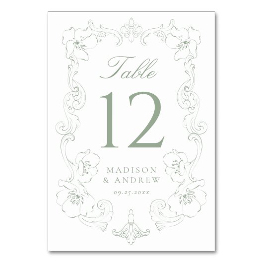Elegant Sage Green Ornate Floral Frame Wedding Tischnummer (Vorderseite)