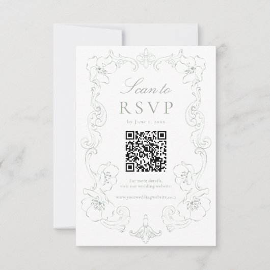 Elegant Sage Green Ornate Floral QR Code Wedding RSVP Karte (Vorderseite)