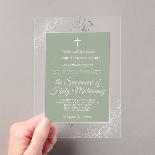 Elegant Sage Green Ornate Silver Catholic Wedding Acryleinladungen (Insitu (Handheld))